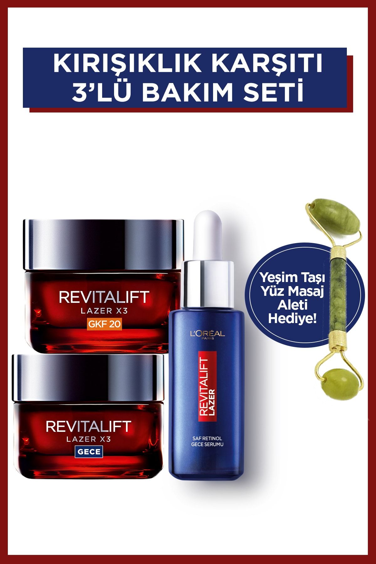 L'Oreal Paris Revitalift Lazer Kırışıklık Karşıtı 3'lü Bakım Seti Yüz Masaj Aleti Hediyeli