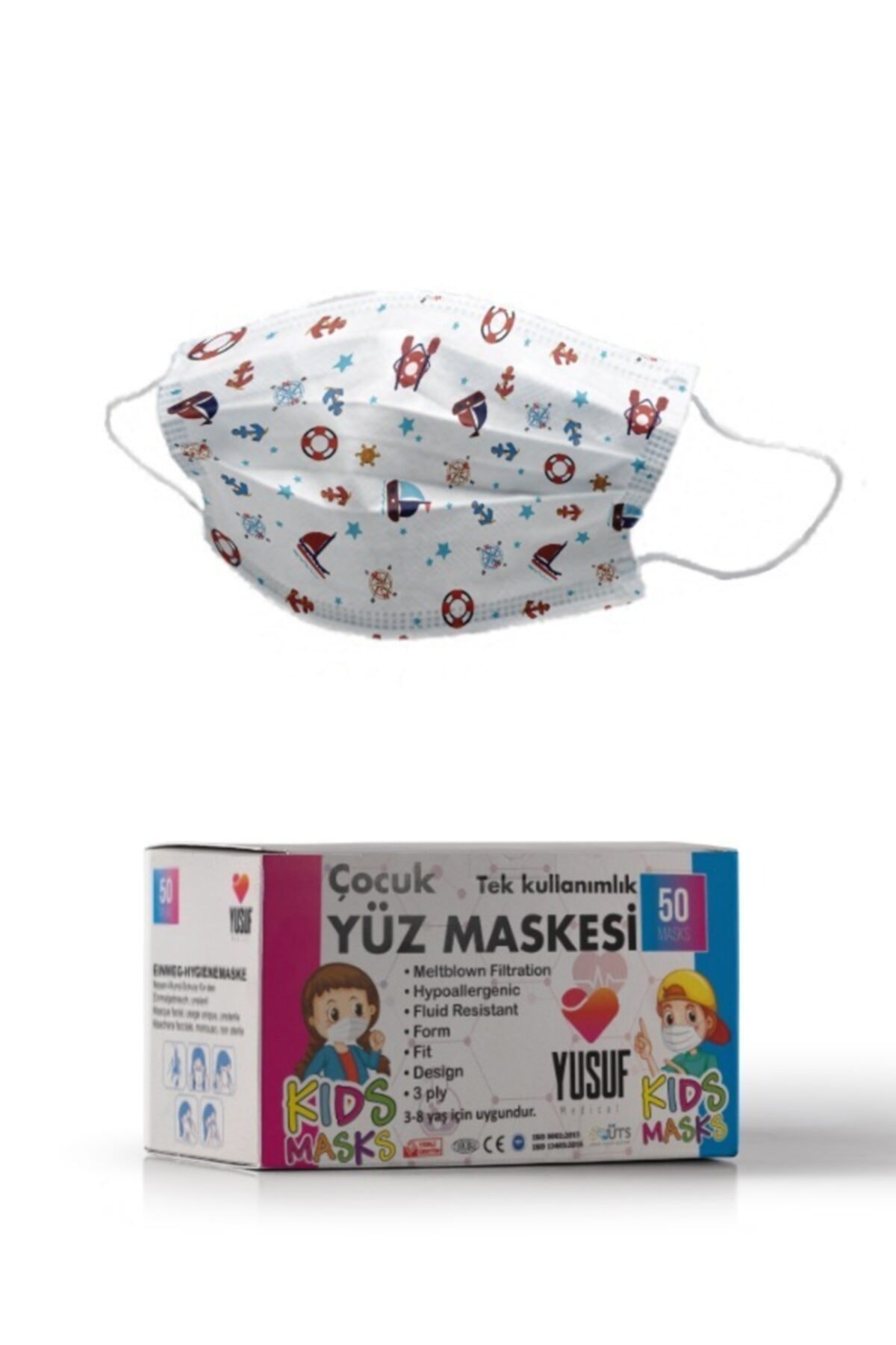 YUSUF MEDİCAL Cerrahi Meltblown Beyaz Gemi Desenli Çocuk Maskesi 50 Adet