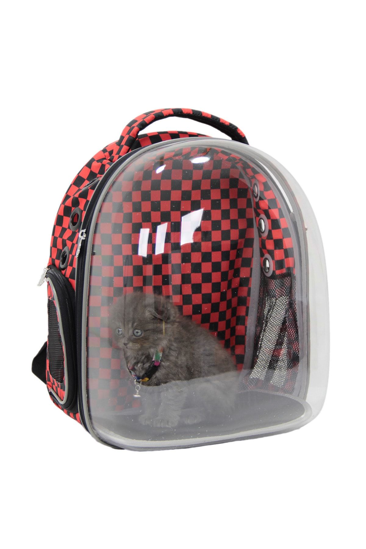 eBavul Astronot Şeffaf Damalı Kedi Taşıma Çantası Kd19016 Kırmızı