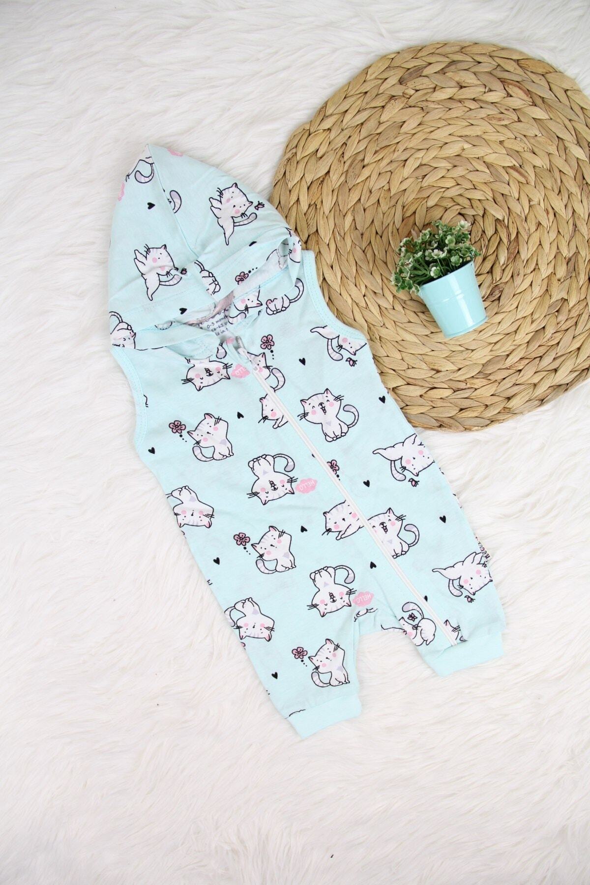 PumpkinKidsWear Kolsuz Kapüşonlu Kız Bebek Yazlık Tulum Mavi