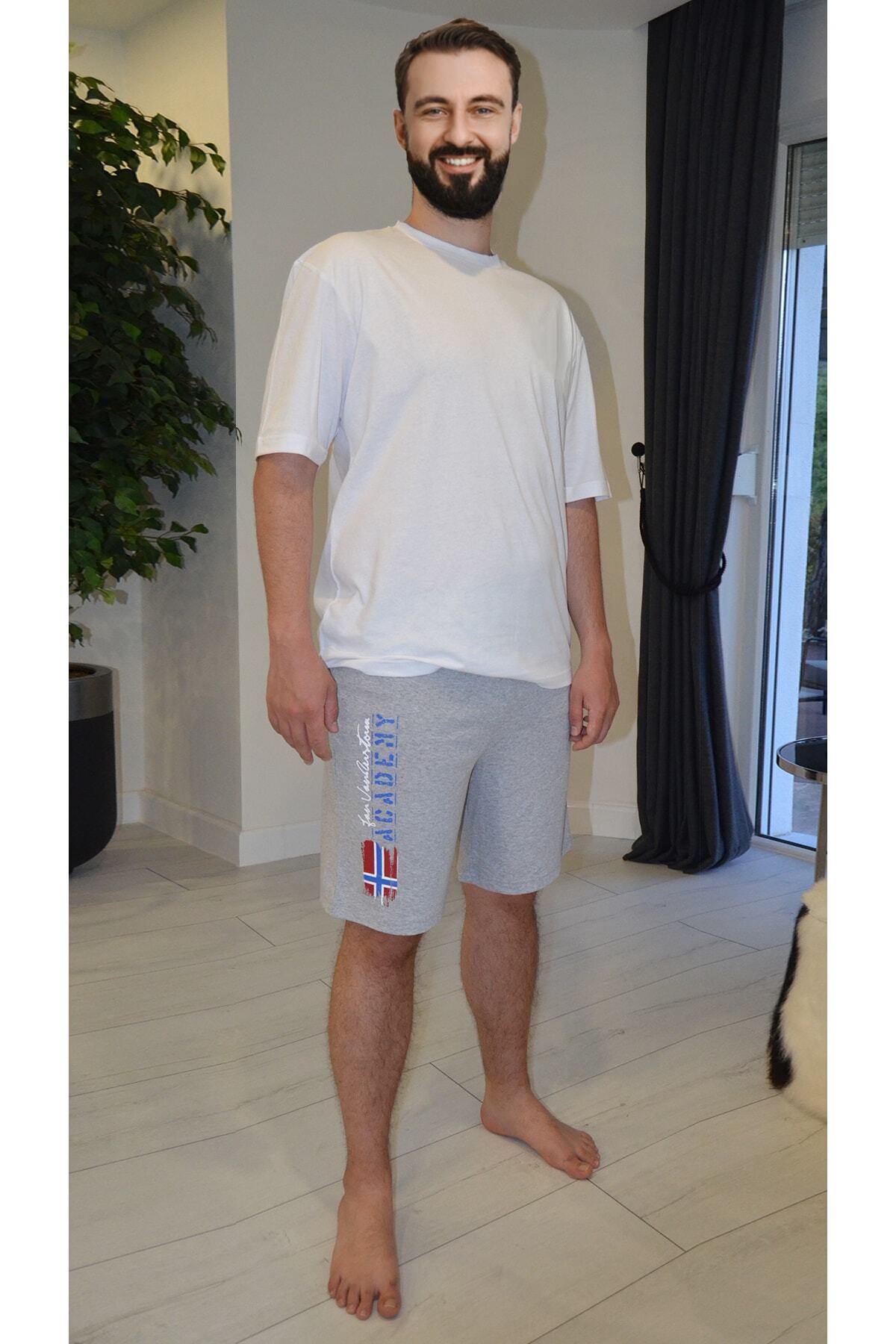 Nur Aka by Nurteks Erkek Gri Bayrak Baskılı Şortlu Büyük Beden Pijama Takımı