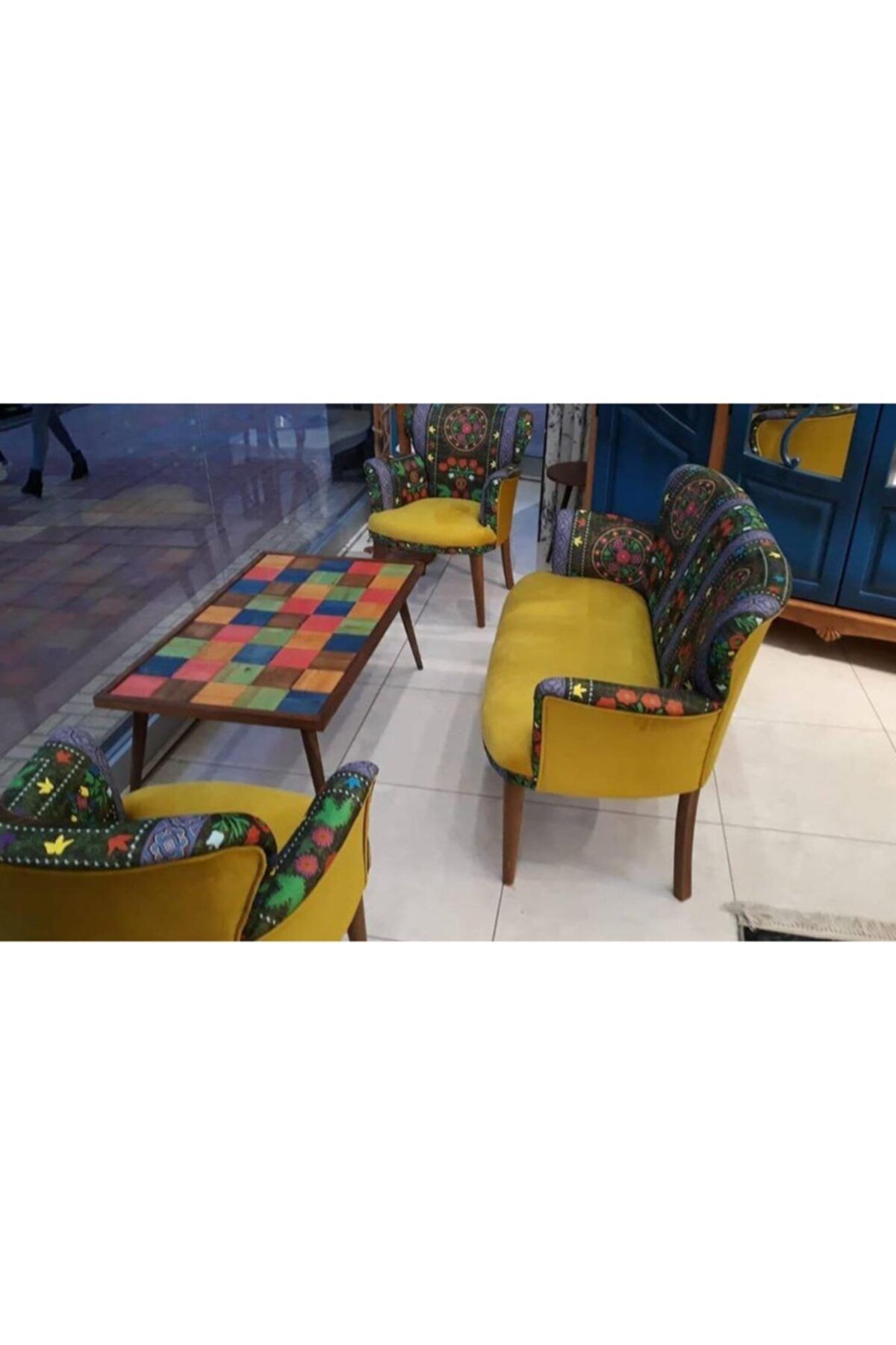mobilyabazari Erciyes Etnik Desen Çay Seti 2+1+1 (sarı)