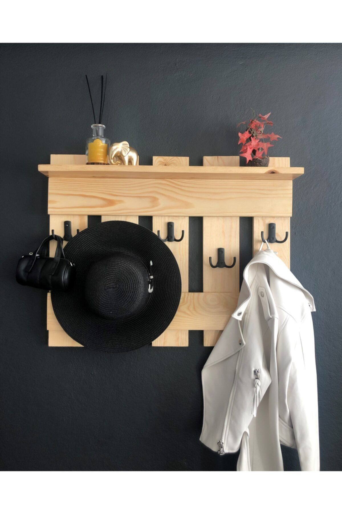 O&A WOOD Doğal Ahşap Vestiyer, Dekoratif 5 Askılı Portmanto, Raflı Vintage Elbise Askısı