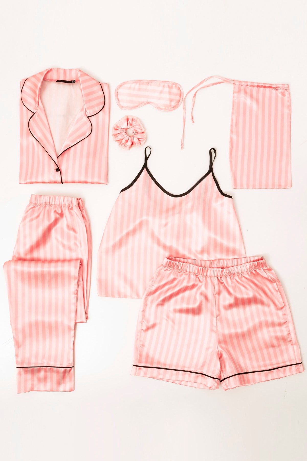 FOR YOU MODA 7 Li Cizgili Saten Pijama Takım