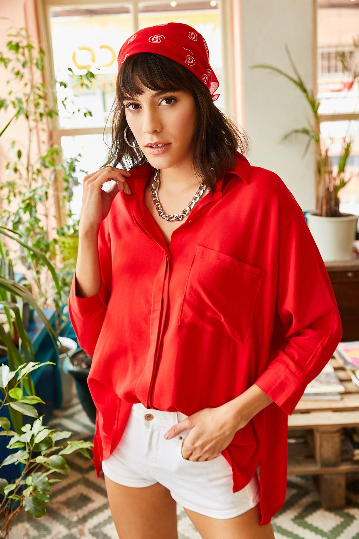 Kadın Kırmızı Cepli Salaş Gömlek GML-19000420