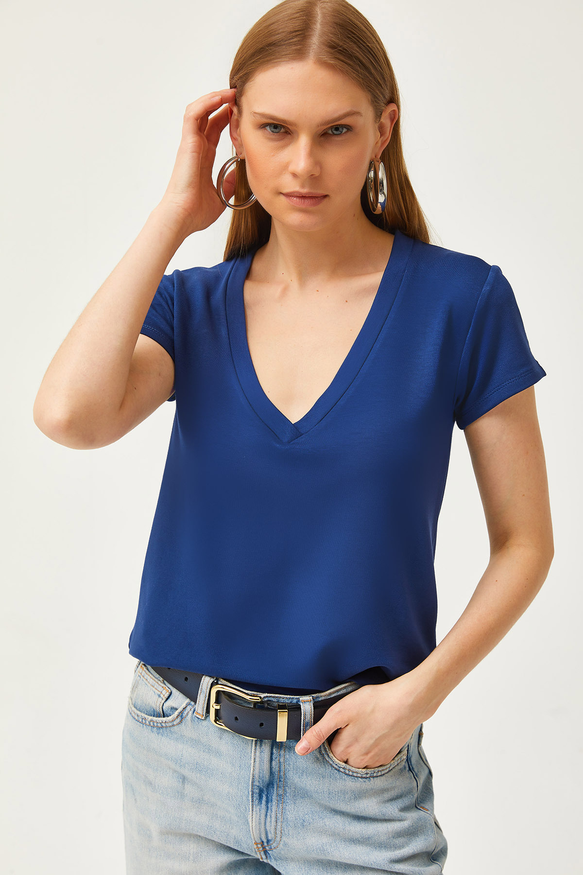 تی شرت مدال یقه V-سرمه ای زنانه TSH-19000773