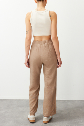 Bej Keten Görünümlü Geniş Paça Dokuma Pantolon TEDSS24PL00002 Image 3