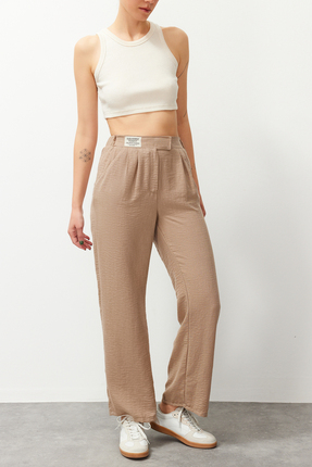 Bej Keten Görünümlü Geniş Paça Dokuma Pantolon TEDSS24PL00002 Image 1