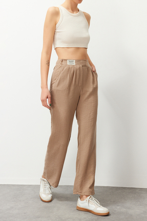 Bej Keten Görünümlü Geniş Paça Dokuma Pantolon TEDSS24PL00002 Image 0