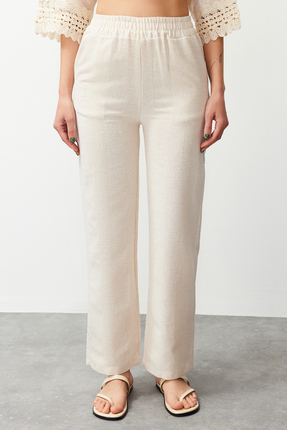 Ekru Yüksek Bel Dokuma Pantolon TEDSS24PL00004 Image 2