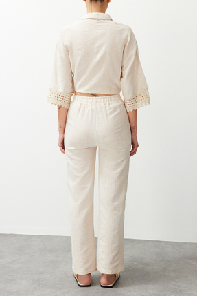Ekru Yüksek Bel Dokuma Pantolon TEDSS24PL00004 Image 3