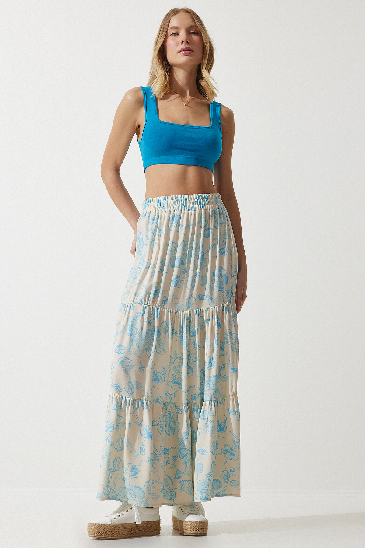 دامن ویسکوز طرح دار گلدار کرم آبی زنانه DD01310