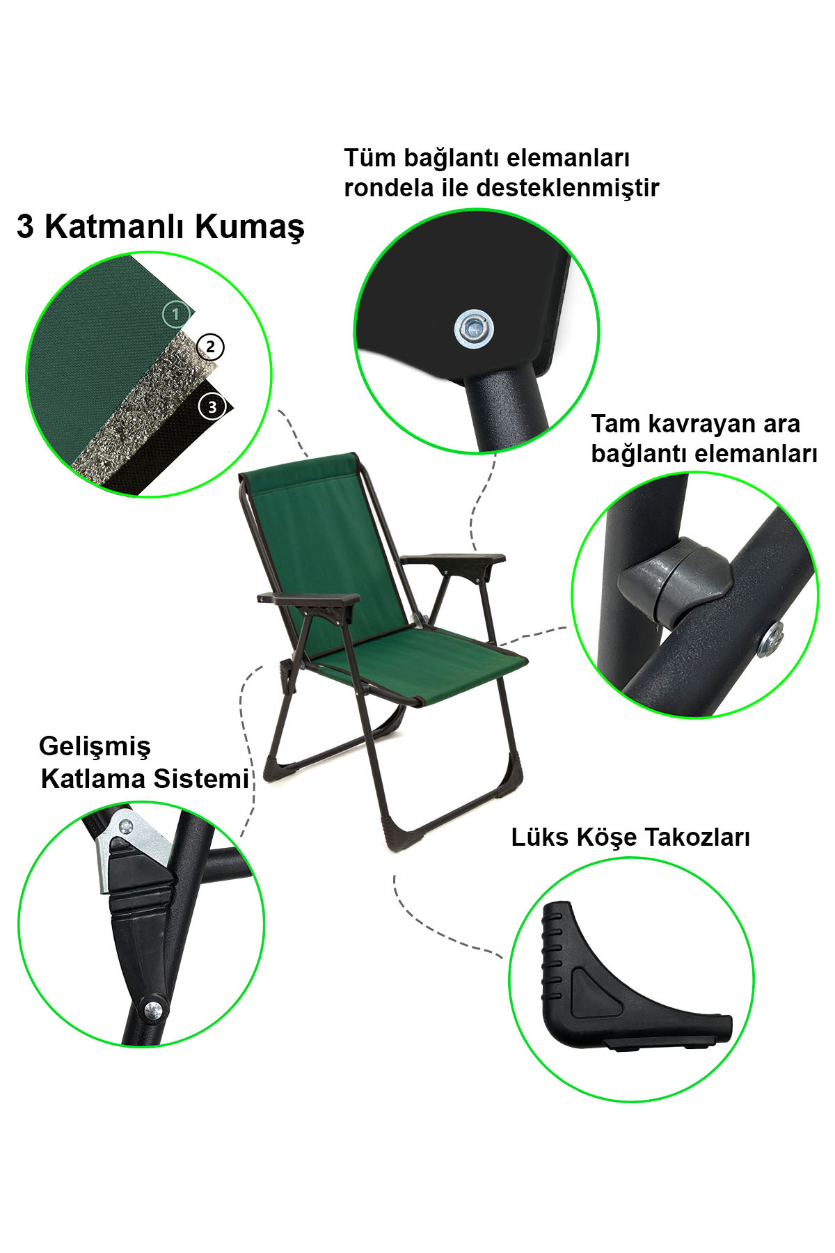 صندلی کمپینگ Natura صندلی پیک نیک تاشو با جا لیوان مستطیلی سبز