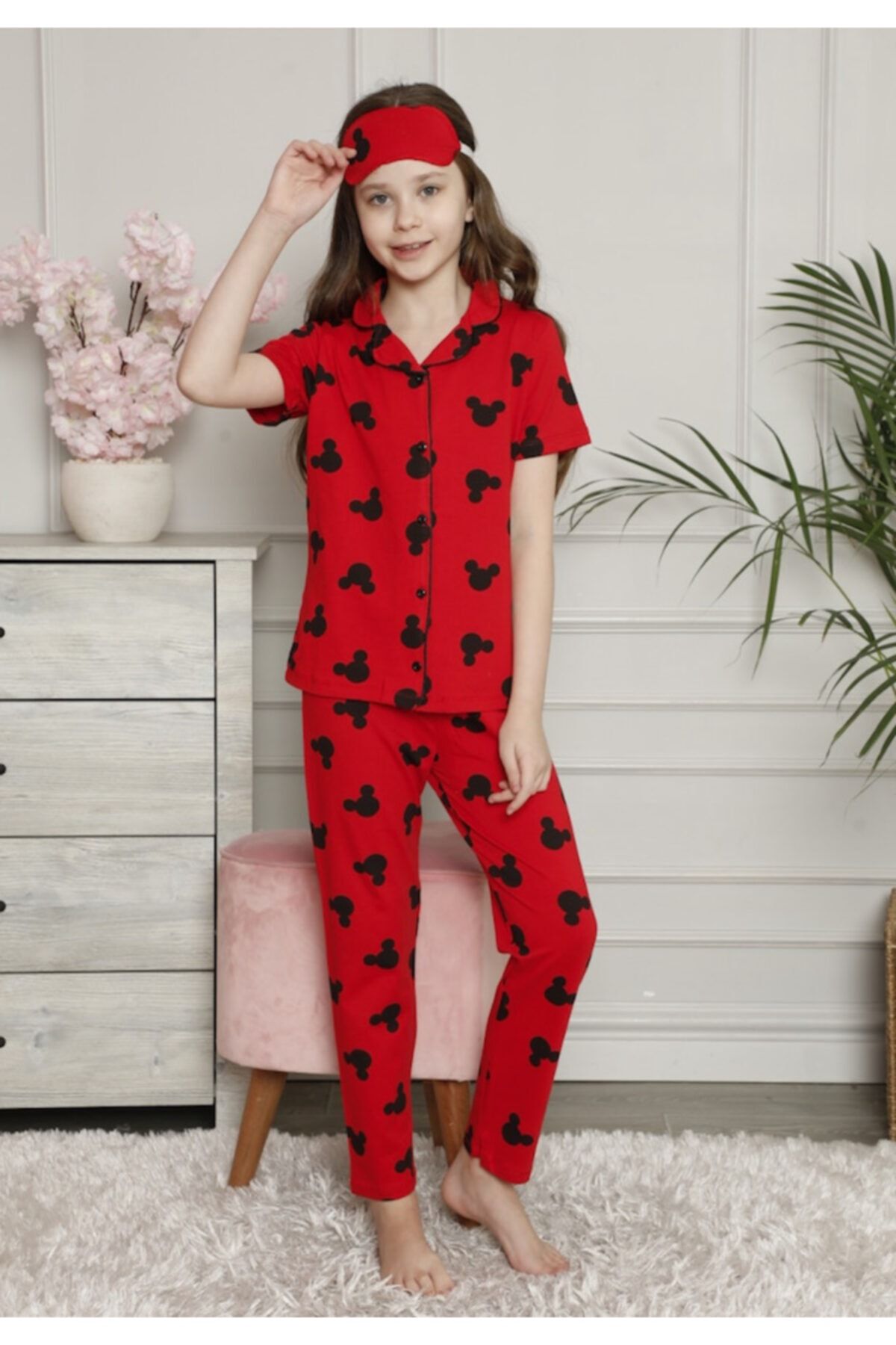 lolliboomkids kiz cocuk mickey desenli pijama takimi goz bandi dahildir kisa kol fiyati yorumlari trendyol