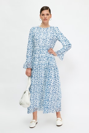 Trendyol Modest Lacivert Bisiklet Yaka Şifon Desenli Astarlı Uzun Elbise TCTSS21EL3471