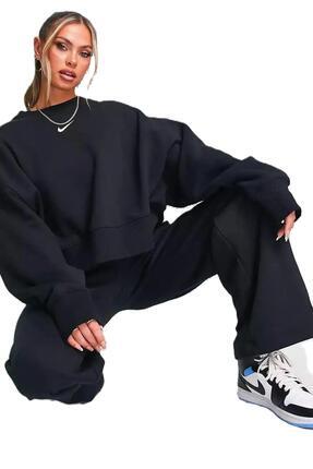 Sportswear Essantial Collection Oversize Kesim Siyah Kadın Sweatshrit Image 3