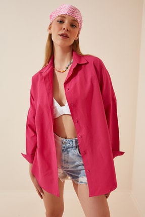 Happiness İst. Kadın Koyu Pembe Oversize Uzun Basic G&ouml;mlek  DD00842