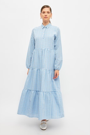 Trendyol Modest A&ccedil;ık Mavi G&ouml;mlek Yaka Uzun Elbise TCTSS21EL4322