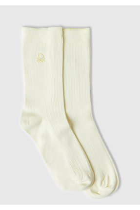 Unisex Krem Viskoz Karışımlı Logo İşlemeli Uzun Soket Çorap Image 0