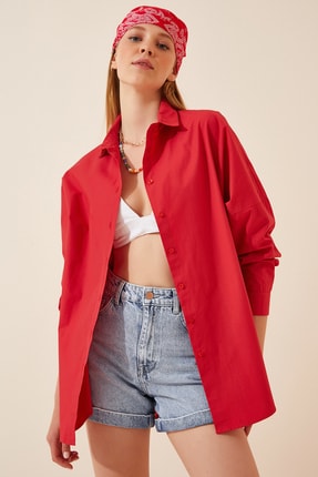 Happiness İst. Kadın Kırmızı Oversize Uzun Basic G&ouml;mlek  DD00842