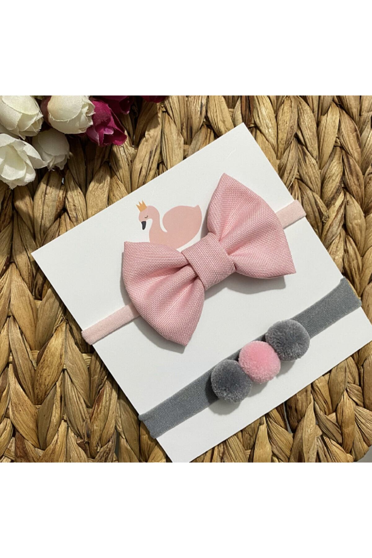 Baby Minnak Kız Bebek Çocuk 2'li Pembe Fiyonk Gri Pembe Ponpon Bandana Toka Seti