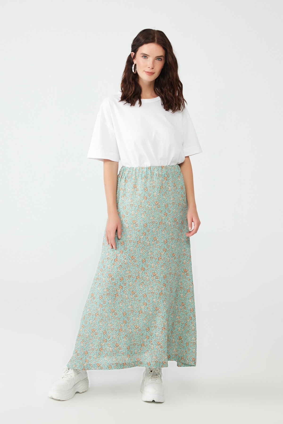 Muni Muni Astarlı Çiçek Desenli Etek - Mint 50409