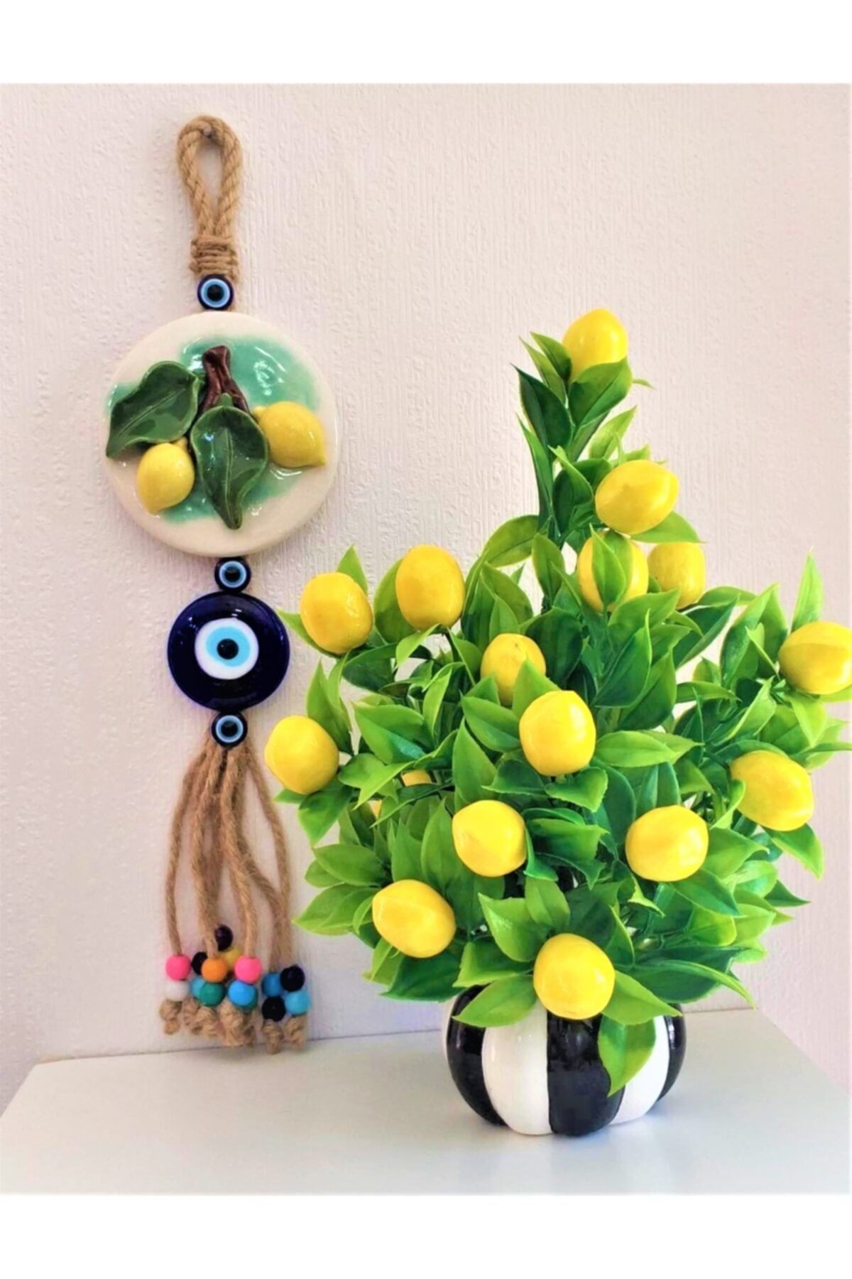 Fietra Nazar Boncuk Duvar Süsü Ve Mini Kabak Saksılı Yapay Limon