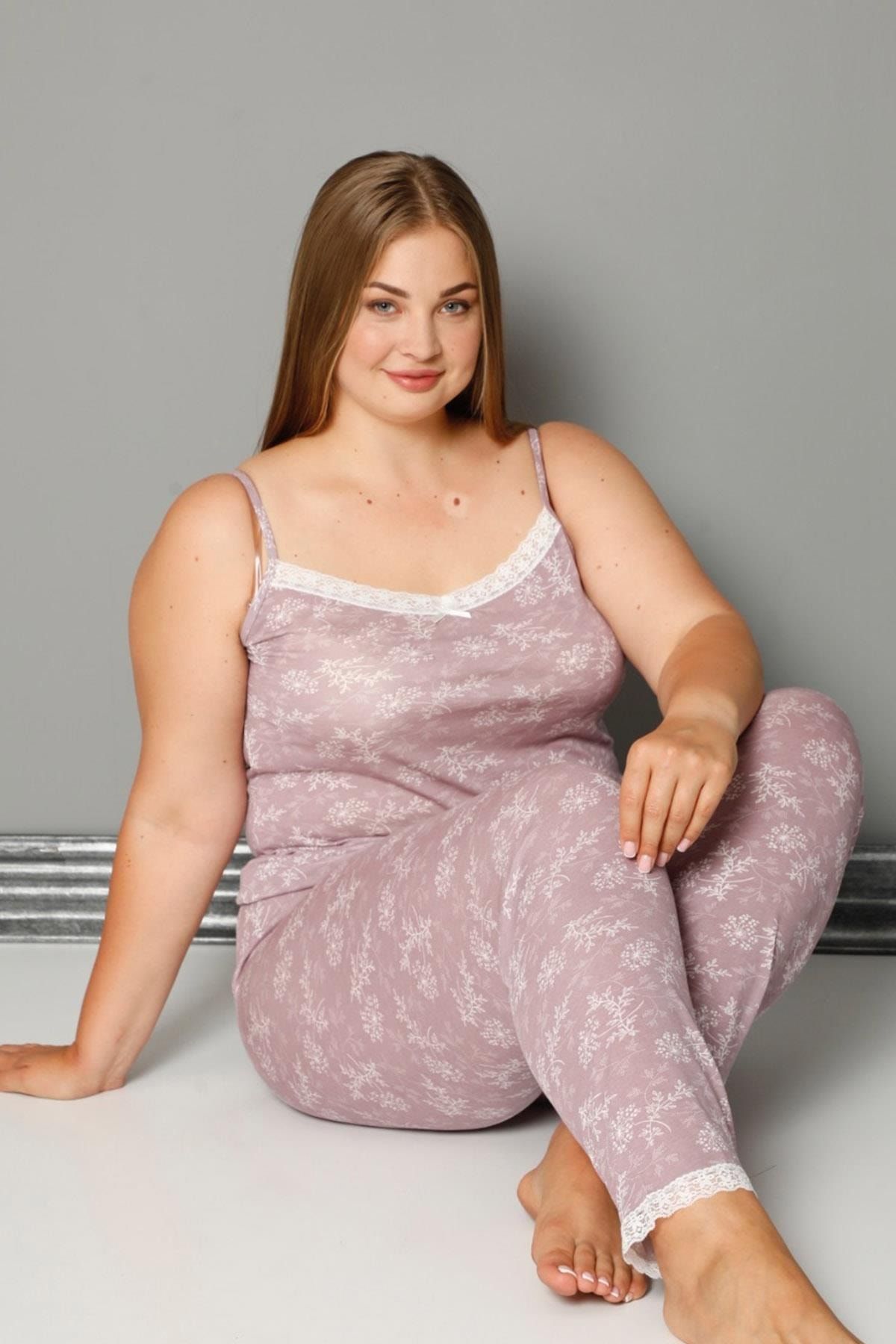 Pijamaevi Mor Çiçek Ip Askılı Örme Büyük Beden Battal Pijama Takımı