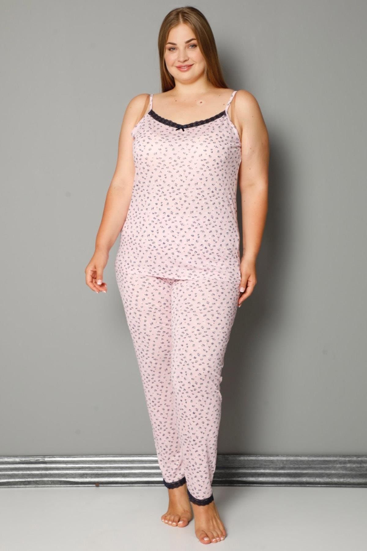 Pijamaevi Mini Çiçek Ip Askılı Örme Büyük Beden Battal Pijama Takımı