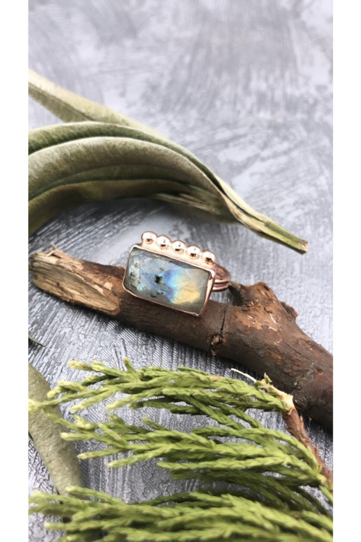 Joel Jewelry Labradorit Taşlı Pembe Altın Kaplamalı Detaylı Gümüş Yüzük