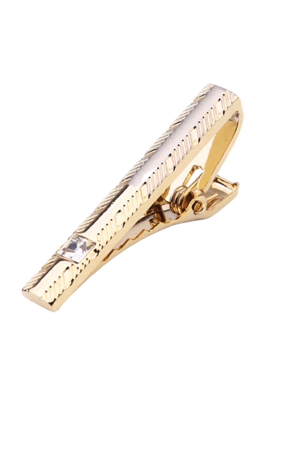 Kravatkolik Gold Renk Motif Desen Beyaz Taşlı Kravat İğnesi Kıy564