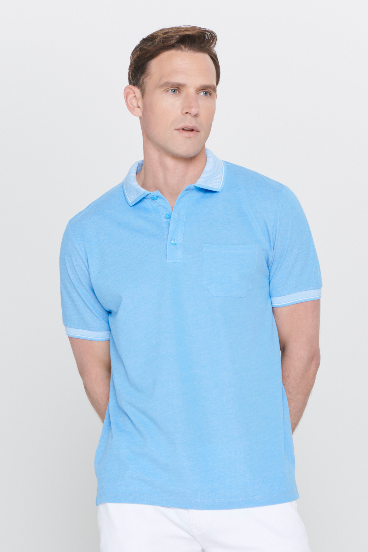 Erkek Çekmeyen Pamuklu Kumaş Regular Fit Rahat Kesim Mavi Kıvrılmaz Polo Yaka Cepli Tişört