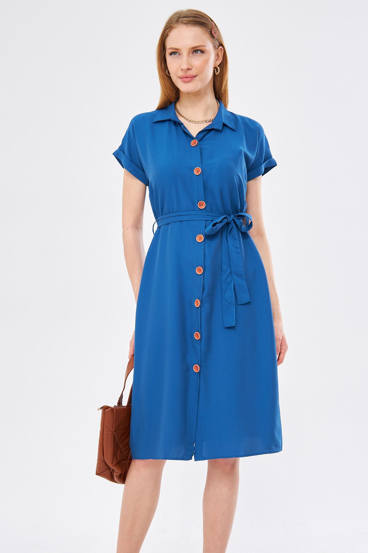 Kadın Koyu Mavi Beli Kemerli Kısa Kol Gömlek Elbise ARM-19Y001068