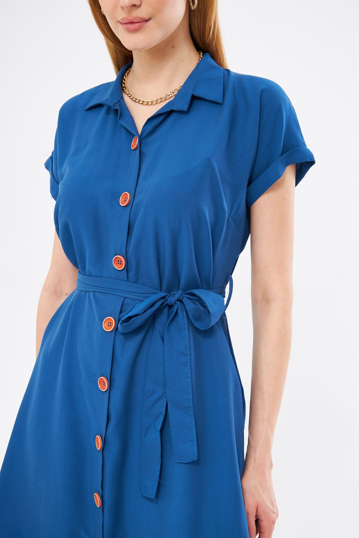 Kadın Koyu Mavi Beli Kemerli Kısa Kol Gömlek Elbise ARM-19Y001068