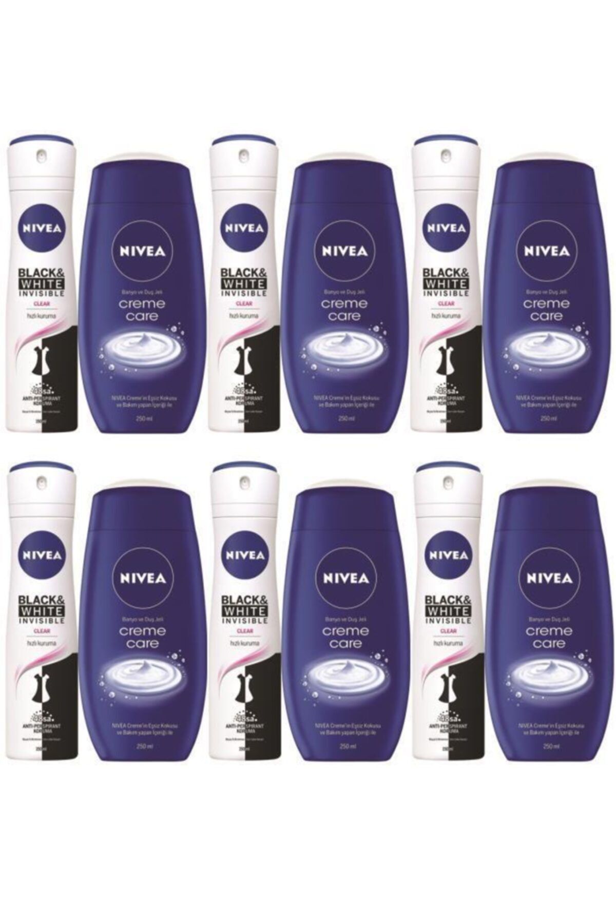 Nivea Black & White Clear Sprey Kadın Deodorant 150 ml + Creme Care Duş Jeli 250 ml X6