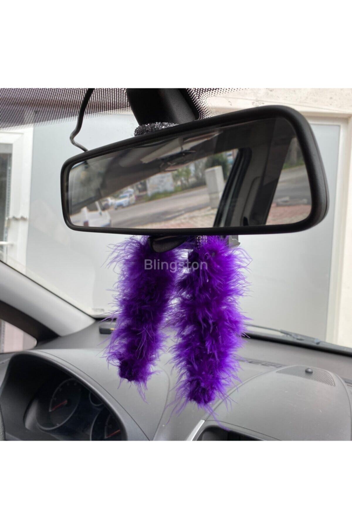 Oto Aksesuarcım Tüylü Peluş Dikiz Ayna Süsü Gümüş Mor