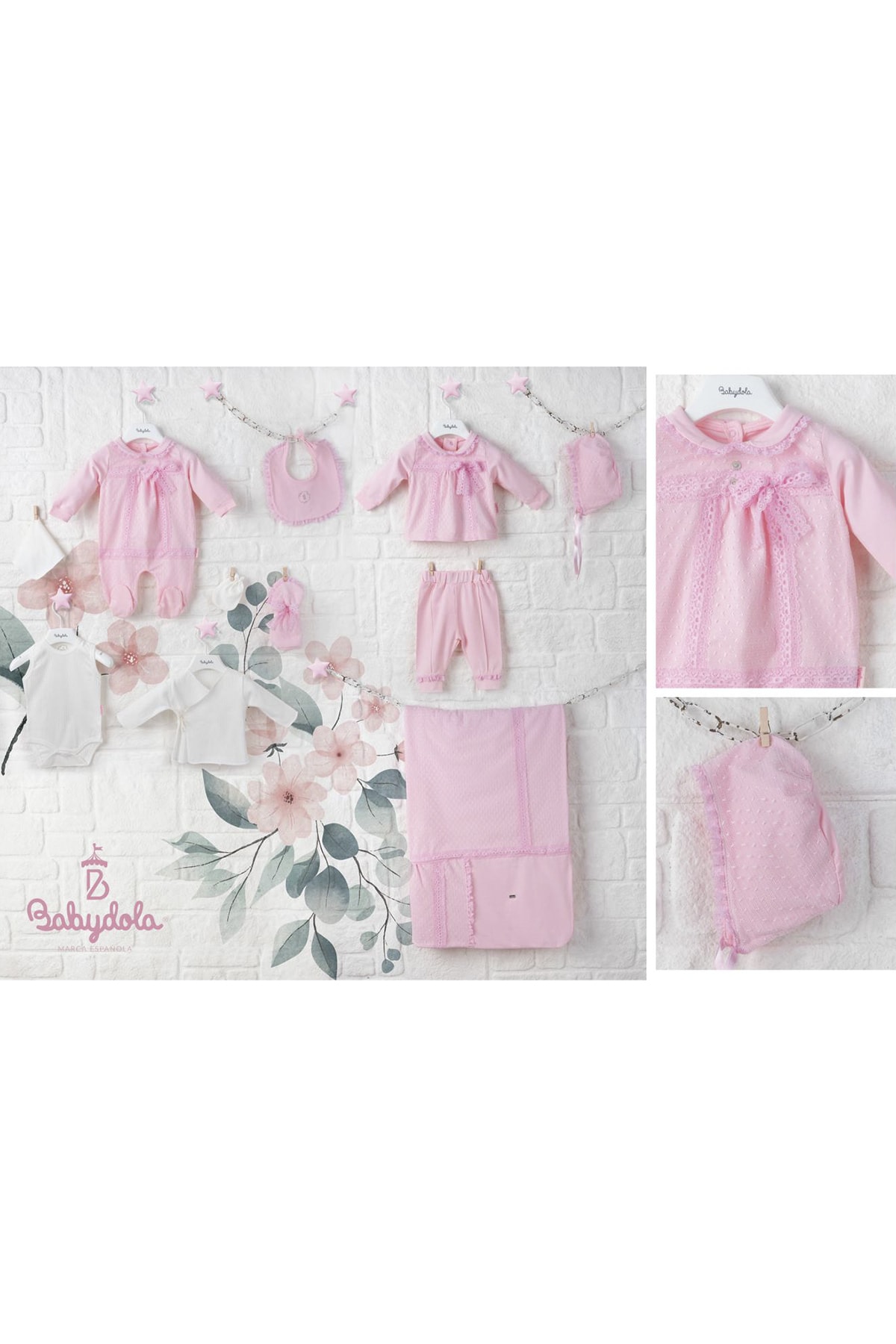 Babydola %100 Pamuk Kız Bebek Dantel Işlemeli Pembe 10'lu Yeni Doğan Hastane Çıkış Seti