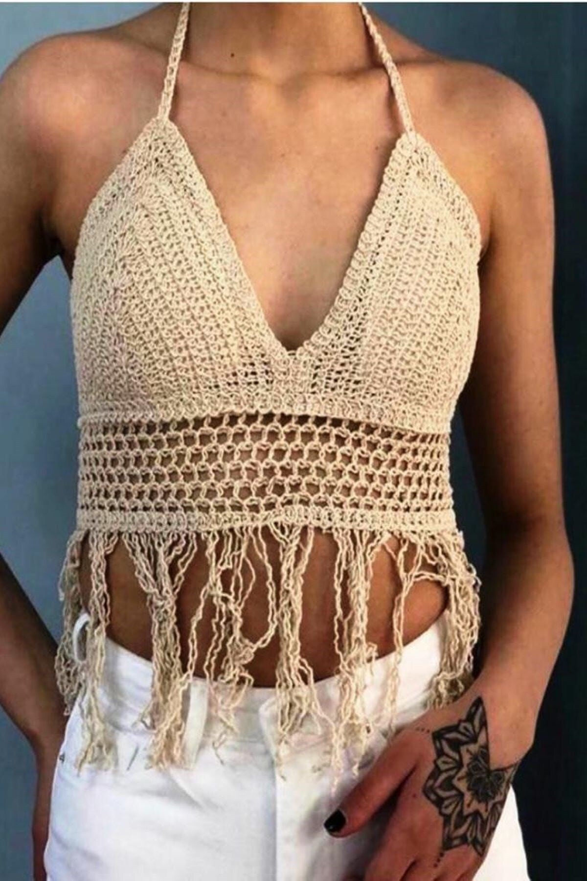 LA TINY Kadın Kahverengi El Örgüsü Püsküllü Bralet