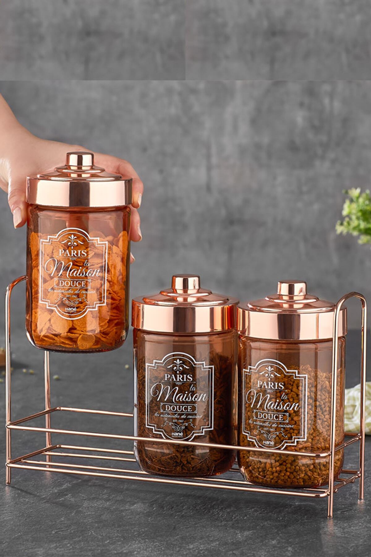 Hane 3'lü Şanzelize Rosegold Paris Desenli Stantlı Cam Kavanoz&saklama&baharatlık Seti