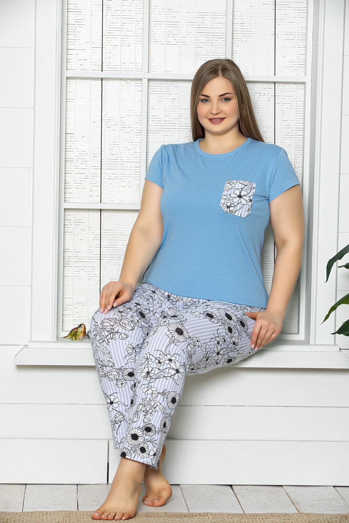 MyBen Büyük Beden Mavi Renkli Kısa Kollu Pijama Takımı 16211