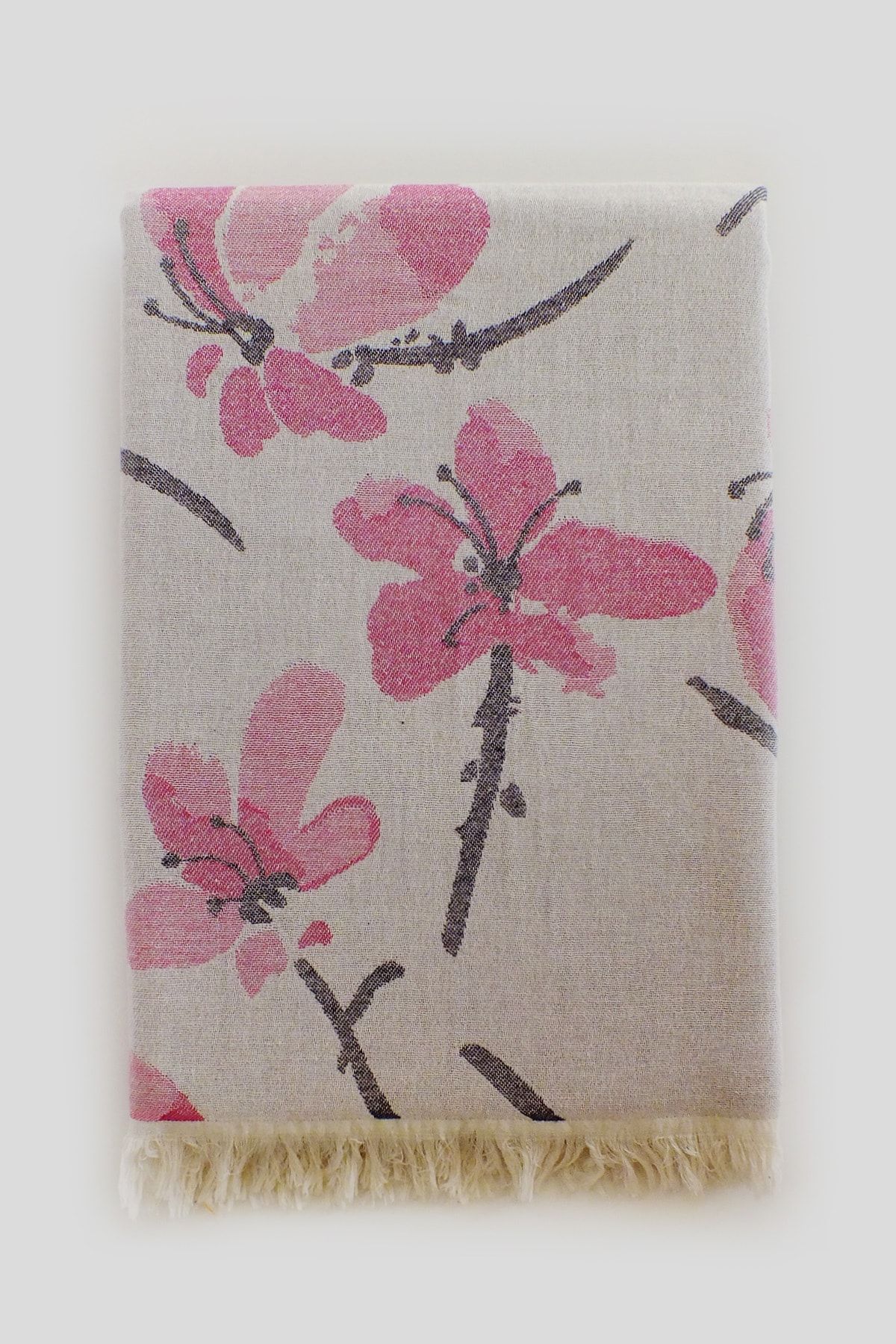KANDE COTTON Pembe Çicek Desen Jakarlı Peştamal