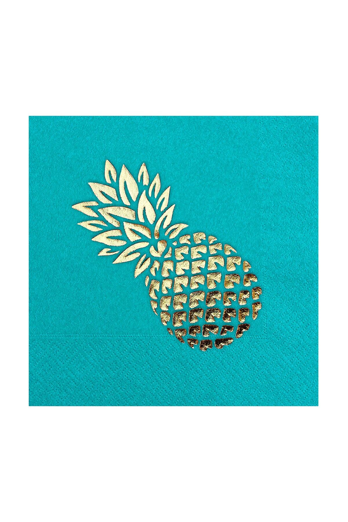 Story 33x33 Cm Altın Varak Ananas Desenli 16'lı Turkuaz Mavi Renkli Kağıt Peçete