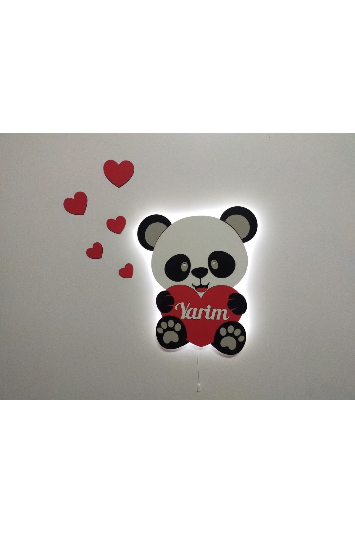 fabrikahşap Yarim Hediyelik Ahşap Işıklı Kalpli Panda Gece Lambası Ledli Dekoratif Aydınlatma