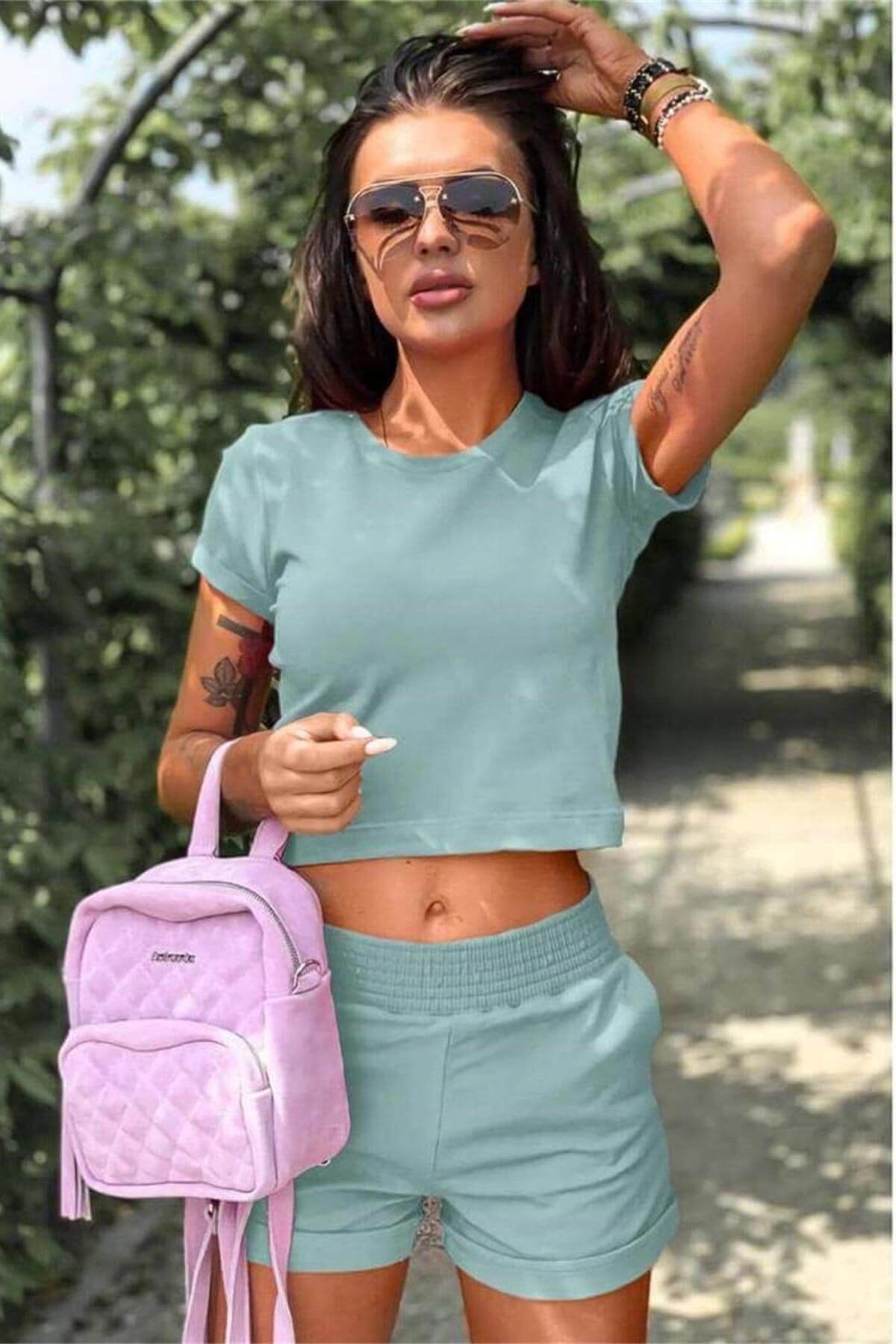 Modabavul Yuvarlak Yaka Mint T-shirt Şort Takım