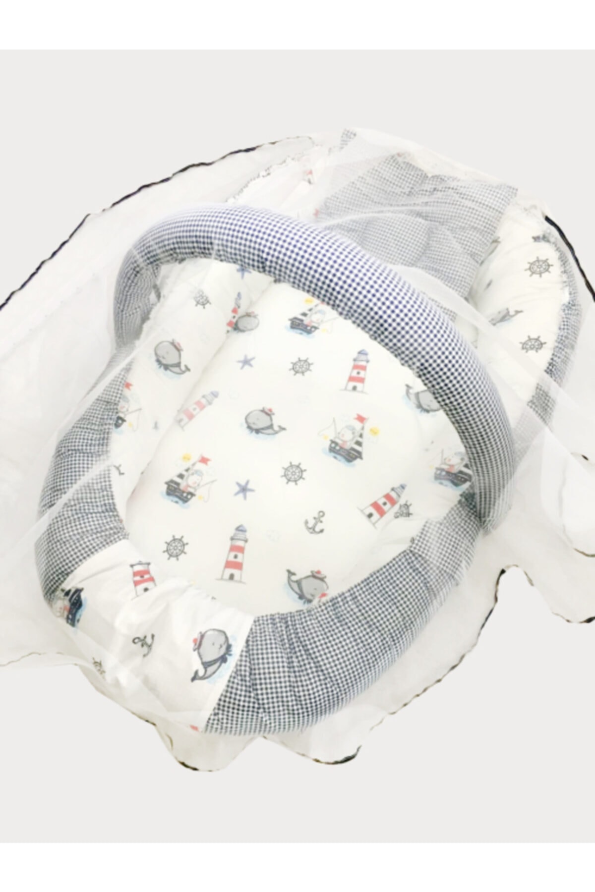 berababy Unisex Bebek Mavi Ortopedik Yastıklı Babynest Çıkarılabilir Cibinlikli Çapa Tasarım Yatak