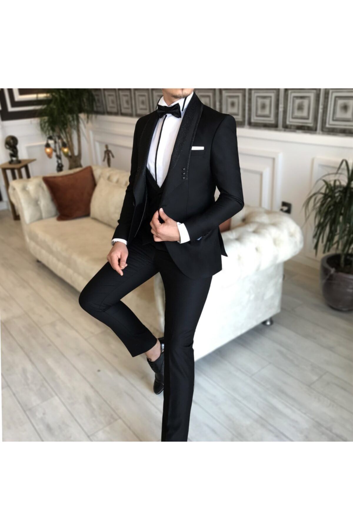 TerziAdemAltun Erkek Siyah Italyan Kesim Ceket Yelek Pantolon Damatlık Set  T4913