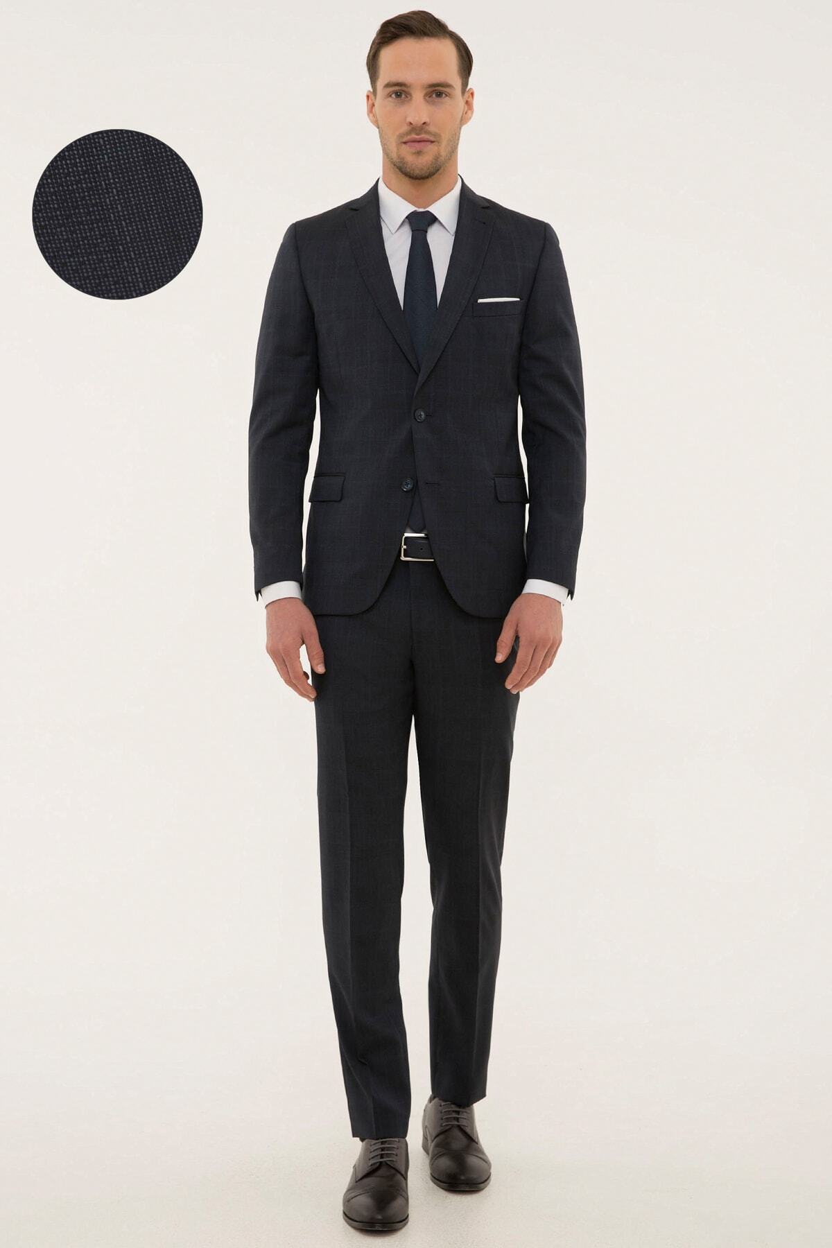Pierre Cardin Erkek Ekose Lacivert Ekstra Slim Fit Takım Elbise