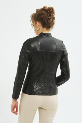 Kadın Siyah Hakiki Deri Mont Image 4