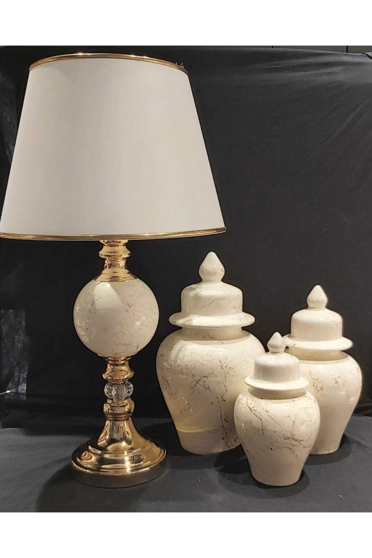 ESMIRA Abajur Beyaz 3lü Beyaz Mermer Desen Şah Küpü 2li Set