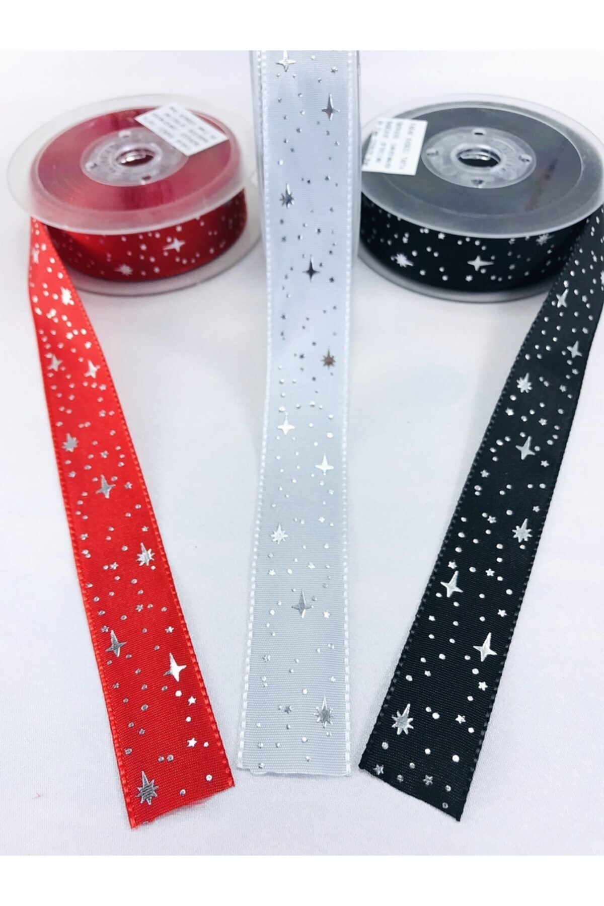 Hobigram Kırmızı Siyah Gri Yıldızlı Tafta Kurdele